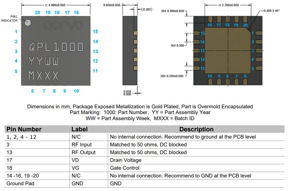 Mechanical Drawing - Qorvo QPL1000 Low Noise Amplifier (LNA)